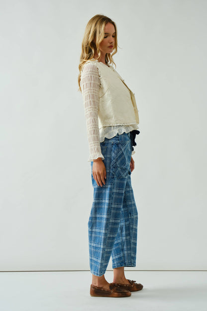 Plaid Semi Barrel Jeans with Drawstring Belt