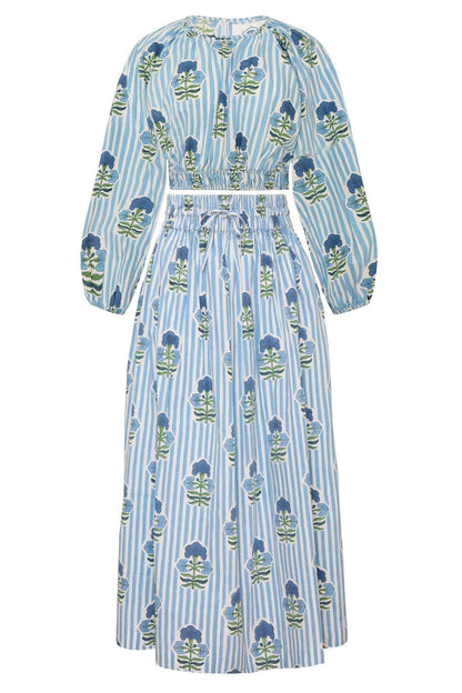 Newport Skirt Blue Green Flower Block Print