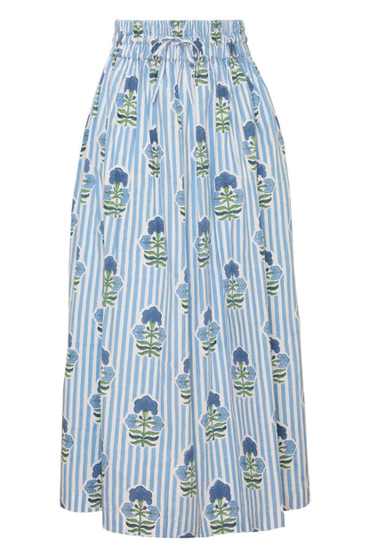 Newport Skirt Blue Green Flower Block Print