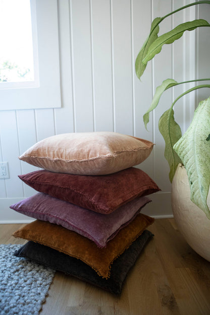 Moss Velvet Pillow With Poms - 22"x22