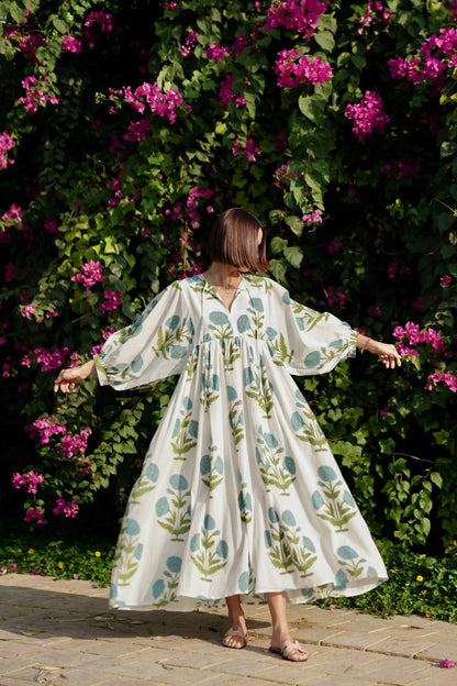 Taj Maxi Dress Blue Flower Block Print