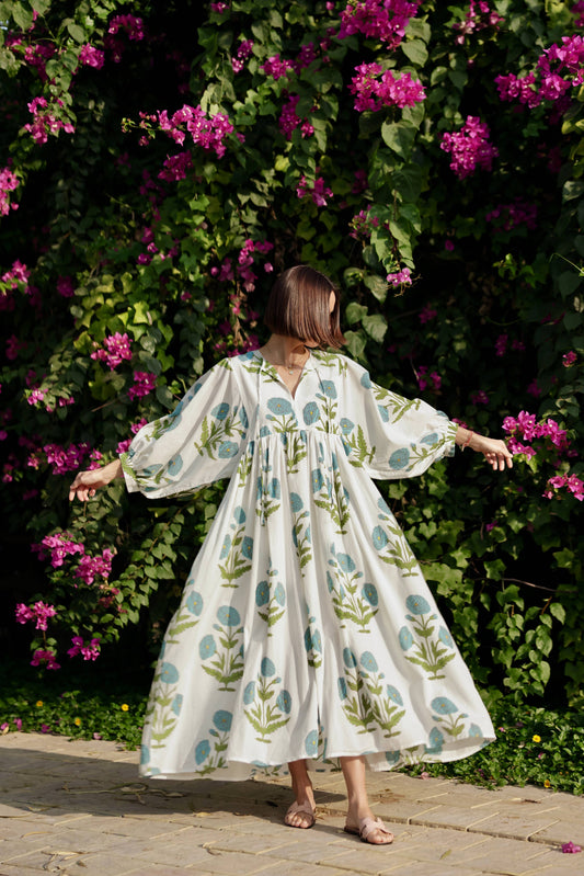 Taj Maxi Dress Blue Flower Block Print