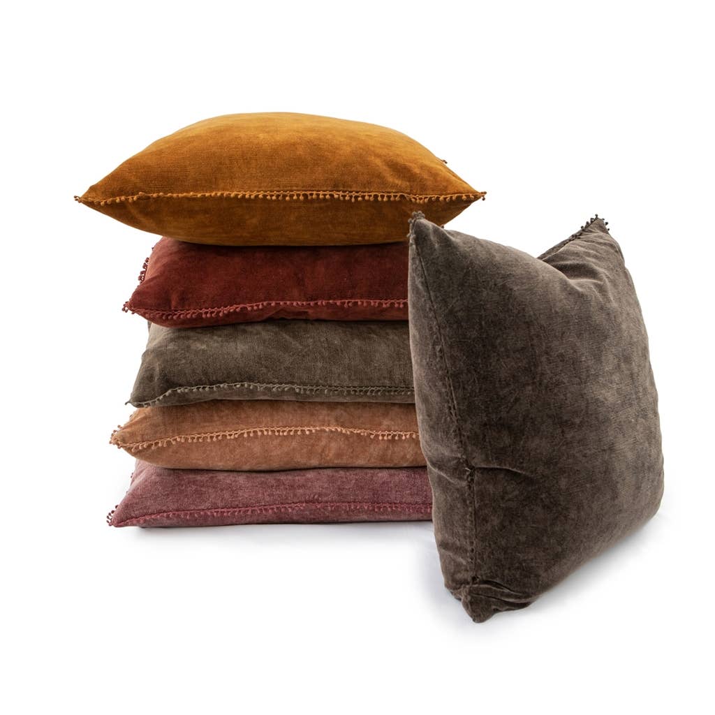Fawn Velvet Pillow with Poms - 22"x22