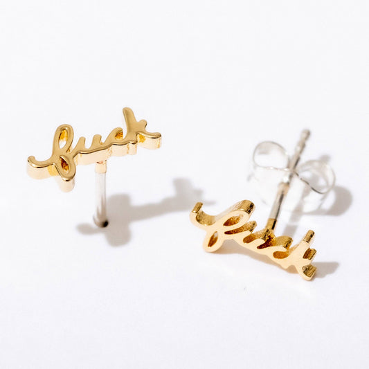 Fuck Script Stud Earring - Gold Plate, Pair