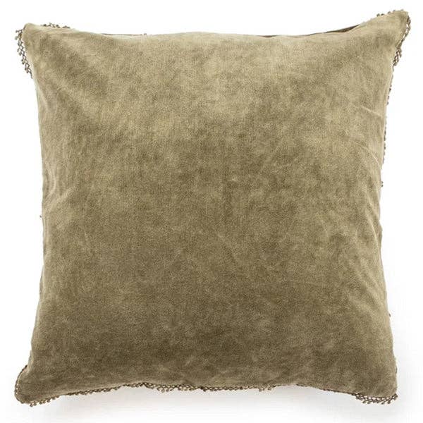 Moss Velvet Pillow With Poms - 22"x22