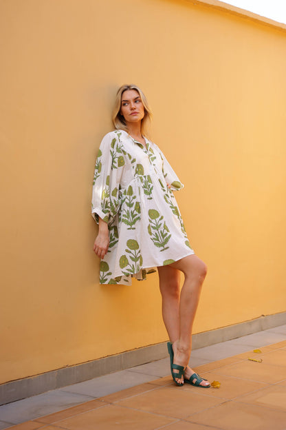 Taj Mini Dress Green Flower Block Print