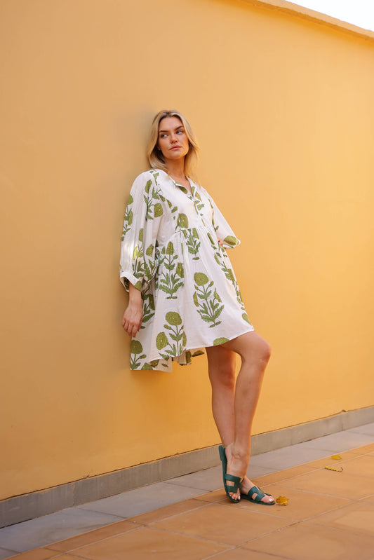 Taj Mini Dress Green Flower Block Print