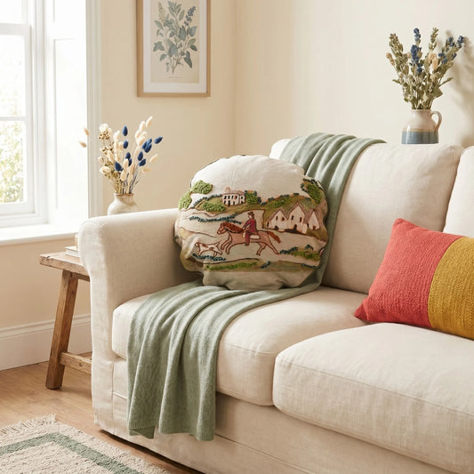 Cotton & Linen Pillow with Countryside Hunting Scene