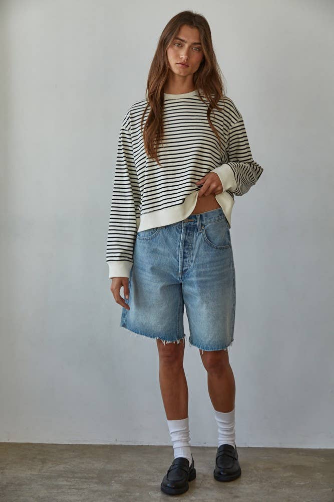 Knit Cotton Striped Crew Neck Long Sleeve Top