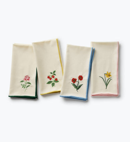 Garden Study Embroidered Cotton Napkins, Assorted Set of 4