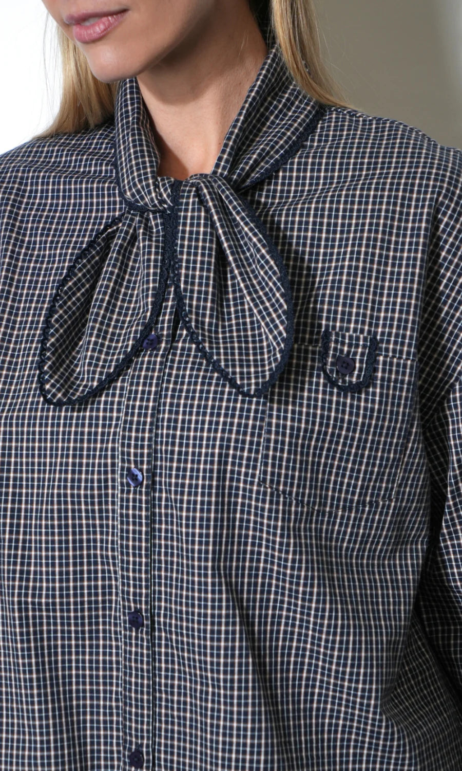 Honey Boxy Tie Neck Checked Button Down Top.