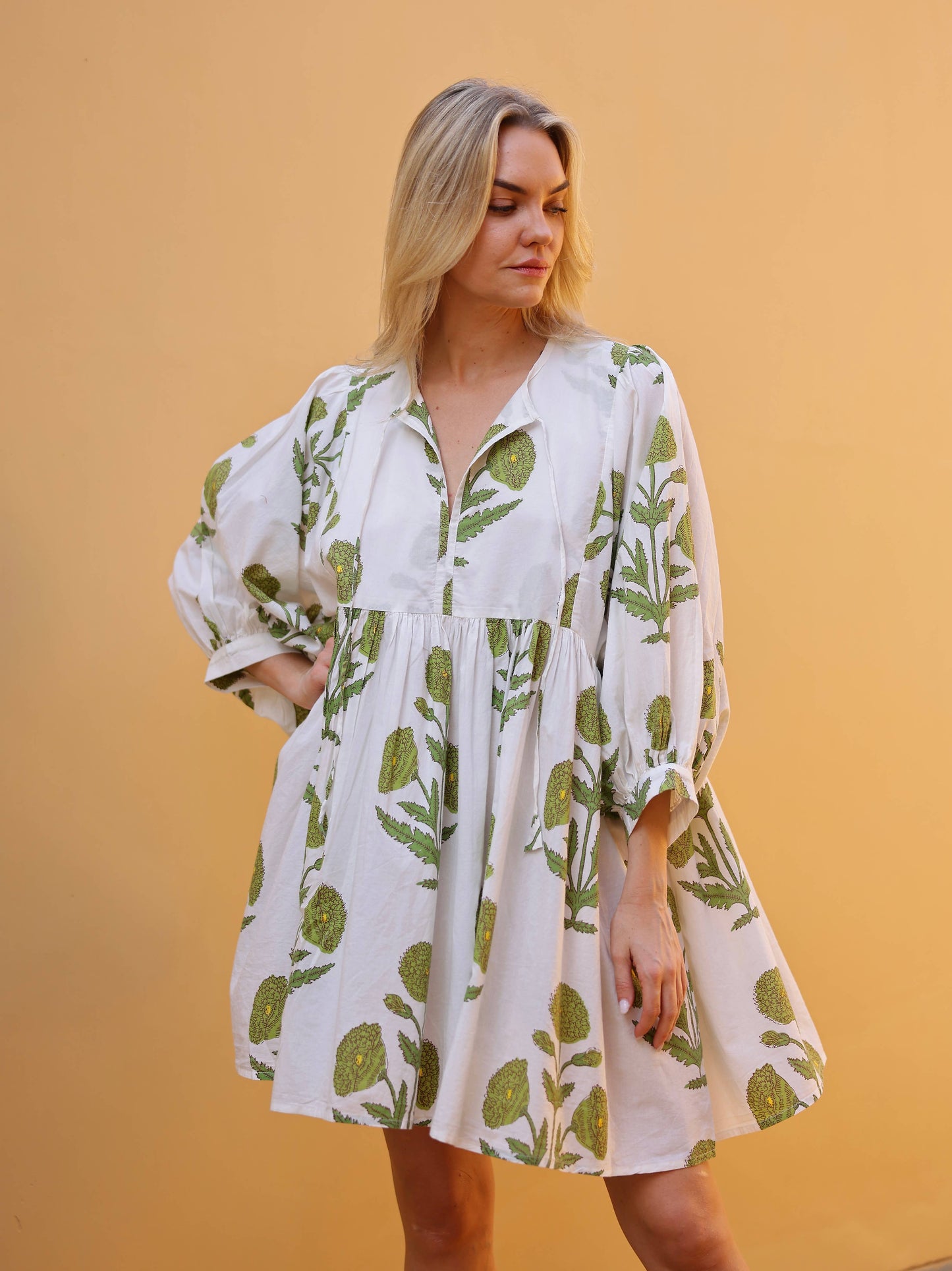 Taj Mini Dress Green Flower Block Print