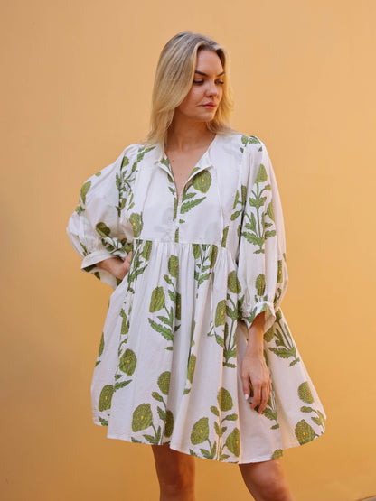 Taj Mini Dress Green Flower Block Print