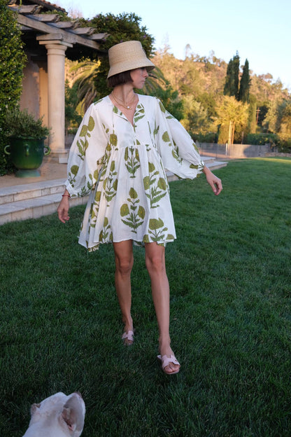 Taj Mini Dress Green Flower Block Print