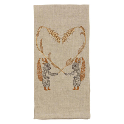 Embroidered Squirrels with Wheat Tea Towel
