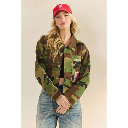 Cropped Camo Floral Patch Lightweight Jacket Top
