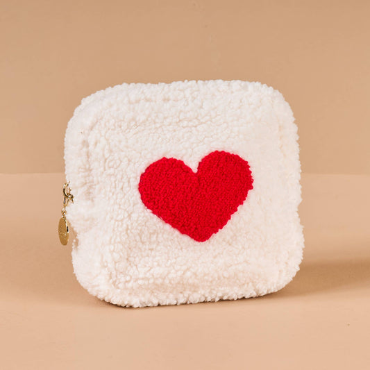 Square Teddy Pouch-Cream with Red Heart