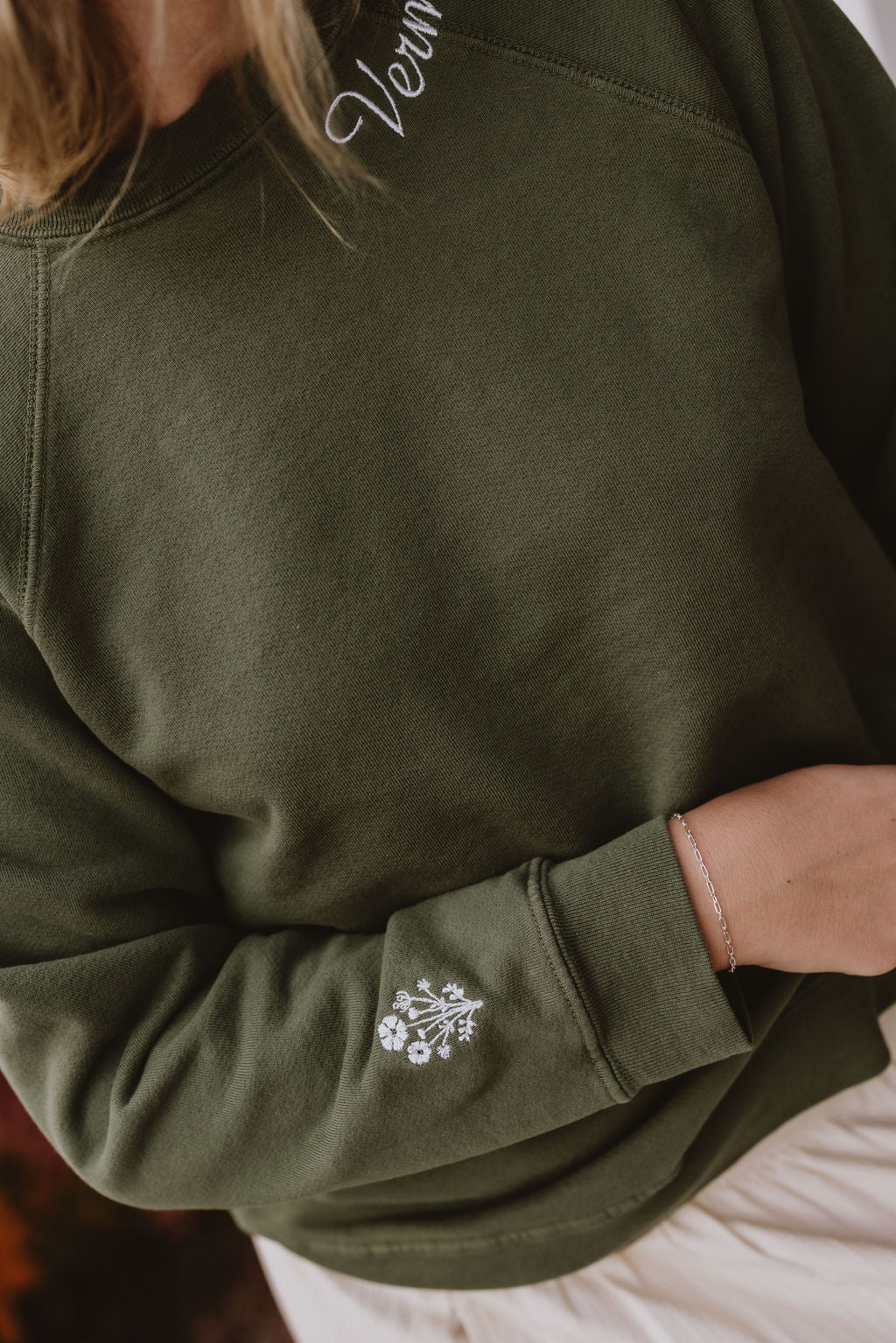 Vermont Embroidered Sweatshirt Green with Floral Embroidered Sleeve